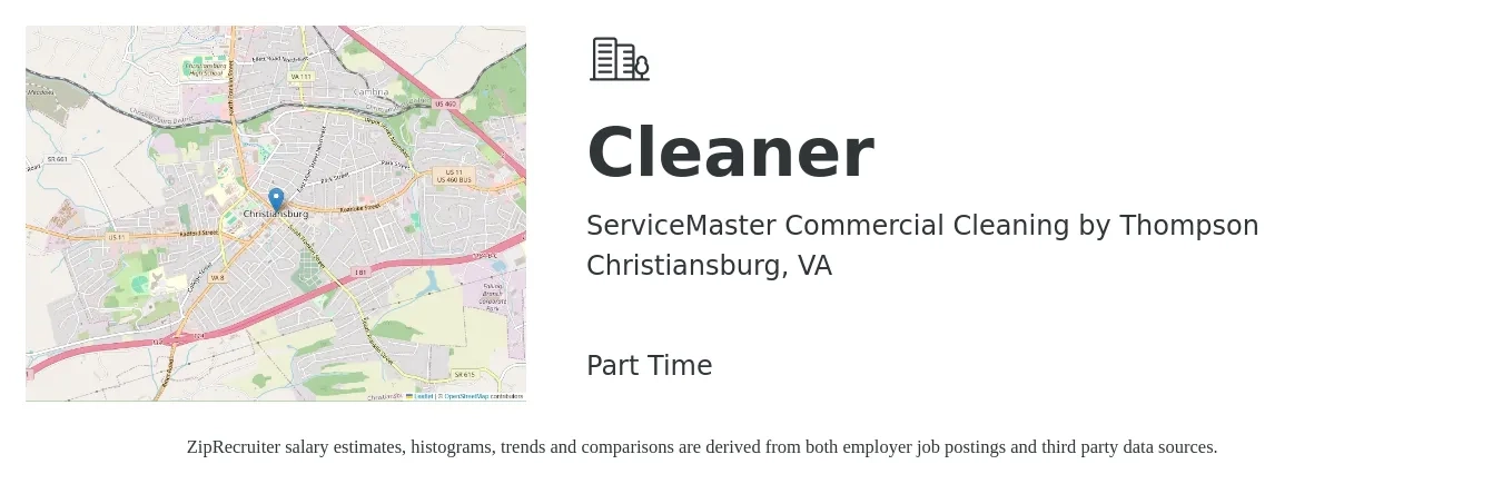 ServiceMaster Commercial Cleaning by Thompson job posting for a Cleaner in Christiansburg, VA with a salary of $13 to $15 Hourly with a map of Christiansburg location.