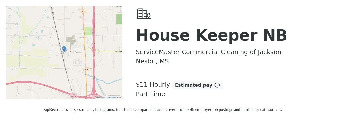 ServiceMaster Commercial Cleaning of Jackson job posting for a House Keeper NB in Nesbit, MS with a salary of $12 Hourly with a map of Nesbit location.