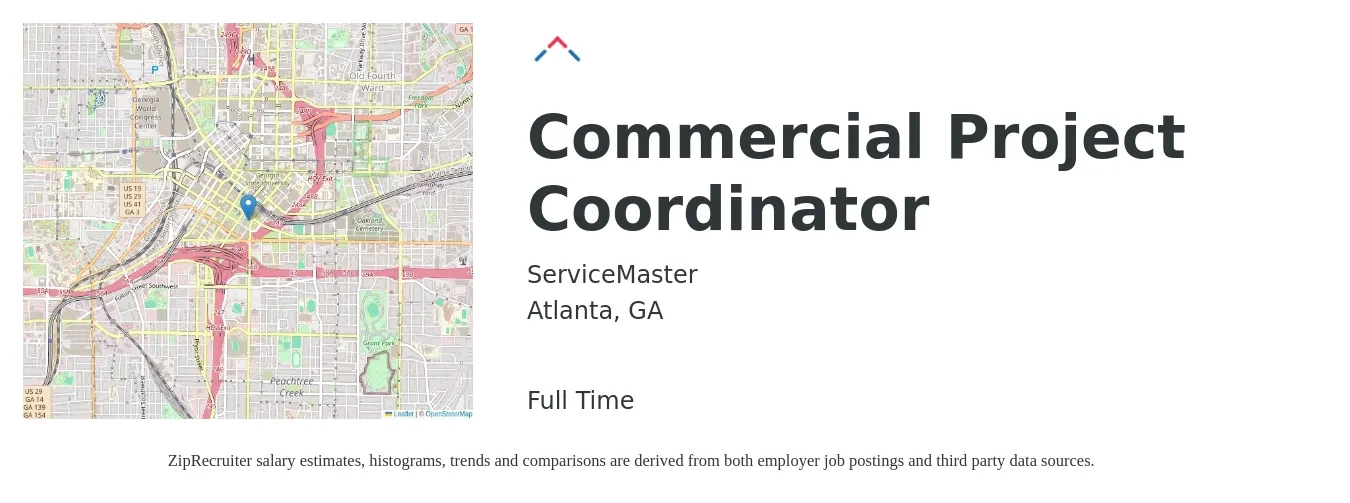 ServiceMaster job posting for a Commercial Project Coordinator in Atlanta, GA with a salary of $22 to $33 Hourly with a map of Atlanta location.