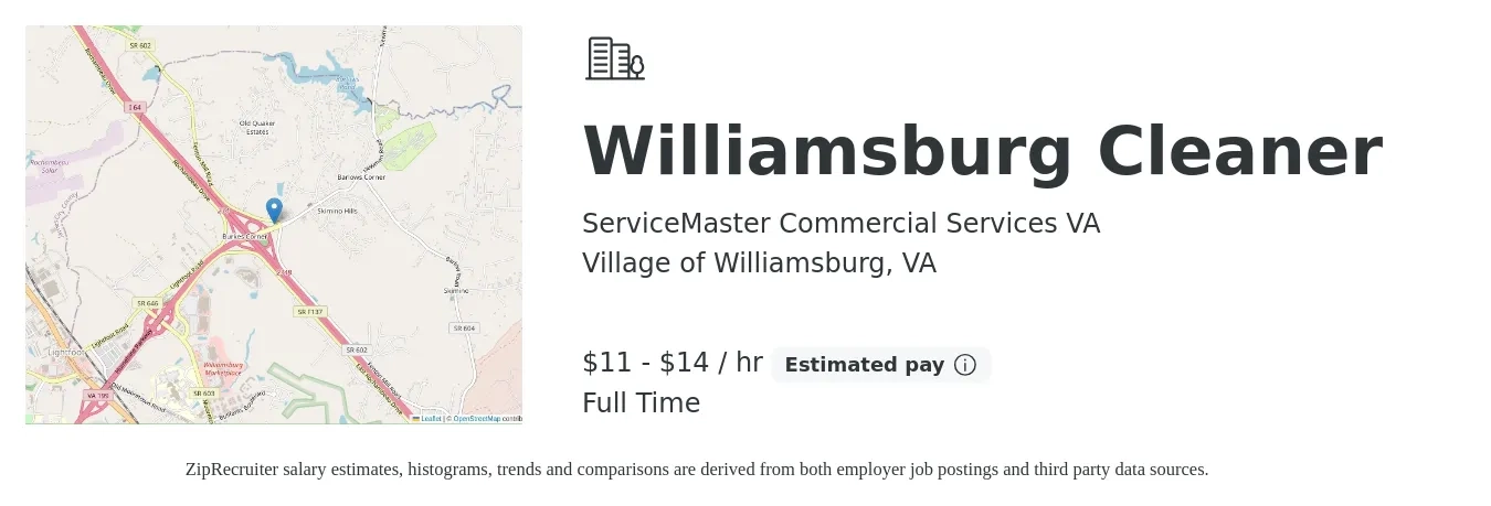 ServiceMaster Commercial Services VA job posting for a Williamsburg Cleaner in Village of Williamsburg, VA with a salary of $12 to $15 Hourly with a map of Village of Williamsburg location.