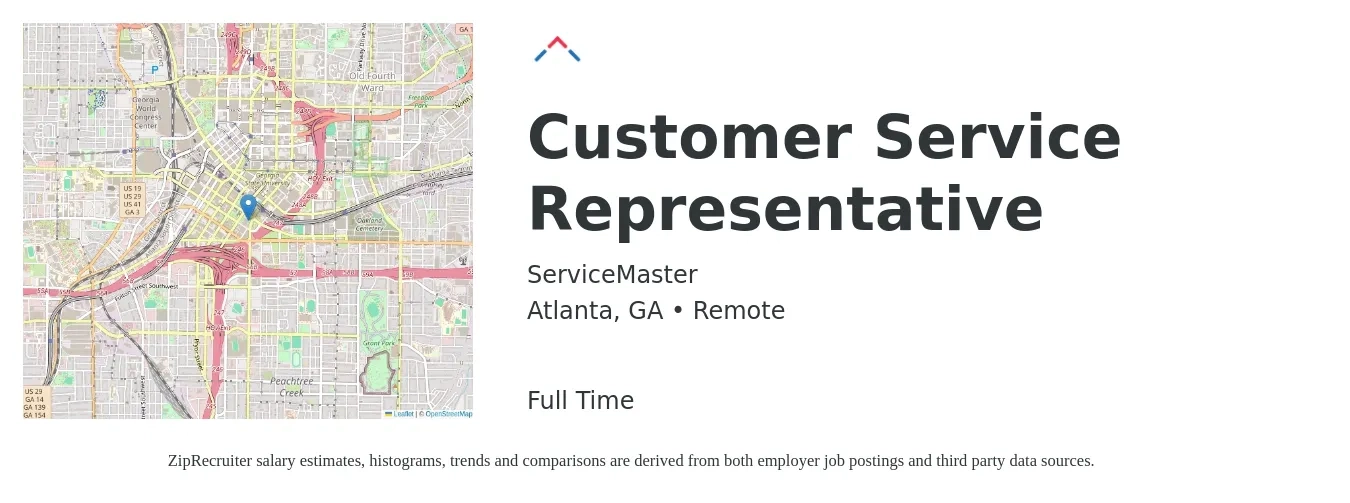 ServiceMaster job posting for a Customer Service Representative in Atlanta, GA with a salary of $16 to $21 Hourly with a map of Atlanta location.