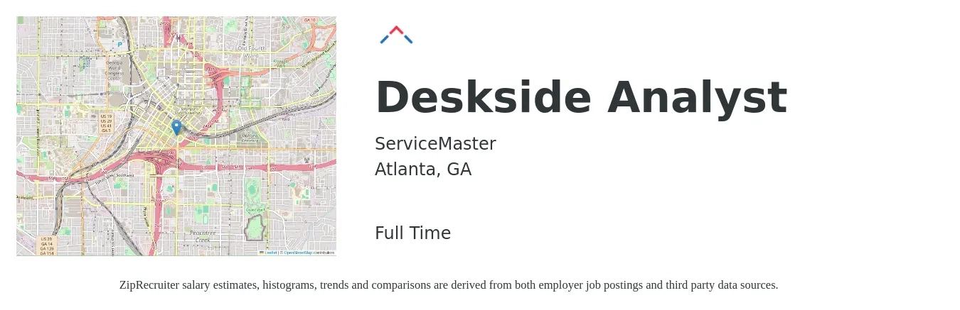 ServiceMaster job posting for a Deskside Analyst in Atlanta, GA with a salary of $22 to $30 Hourly with a map of Atlanta location.