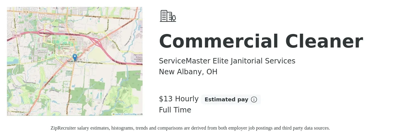 ServiceMaster Elite Janitorial Services job posting for a Commercial Cleaner in New Albany, OH with a salary of $14 Hourly with a map of New Albany location.