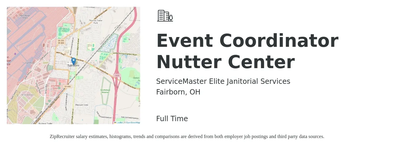 ServiceMaster Elite Janitorial Services job posting for a Event Coordinator Nutter Center in Fairborn, OH with a salary of $19 to $27 Hourly with a map of Fairborn location.