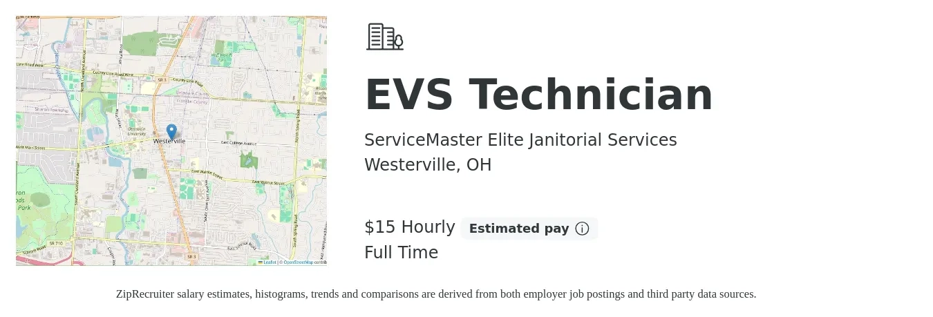 ServiceMaster Elite Janitorial Services job posting for a EVS Technician in Westerville, OH with a salary of $16 Hourly with a map of Westerville location.