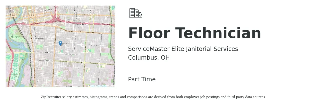 ServiceMaster Elite Janitorial Services job posting for a Floor Technician in Columbus, OH with a salary of $14 to $18 Hourly with a map of Columbus location.