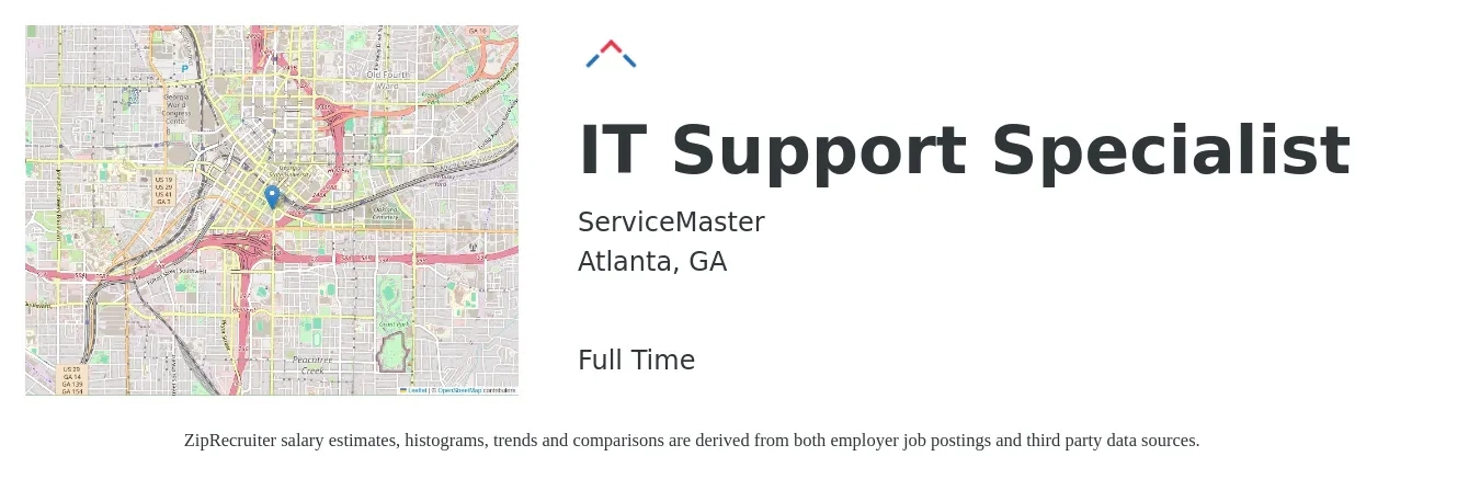 ServiceMaster job posting for a IT Support Specialist in Atlanta, GA with a salary of $22 to $23 Hourly with a map of Atlanta location.