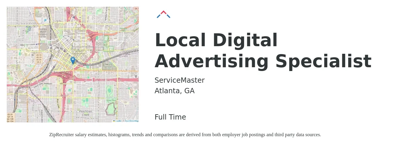 ServiceMaster job posting for a Local Digital Advertising Specialist in Atlanta, GA with a salary of $48,100 to $93,800 Yearly with a map of Atlanta location.
