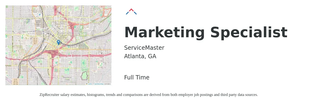 ServiceMaster job posting for a Marketing Specialist in Atlanta, GA with a salary of $45,700 to $67,300 Yearly with a map of Atlanta location.