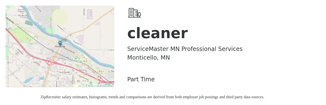 ServiceMaster MN Professional Services job posting for a cleaner in Monticello, MN with a salary of $15 to $19 Hourly with a map of Monticello location.