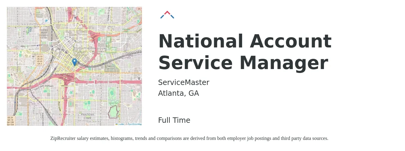 ServiceMaster job posting for a National Account Service Manager in Atlanta, GA with a salary of $93,300 to $120,200 Yearly with a map of Atlanta location.