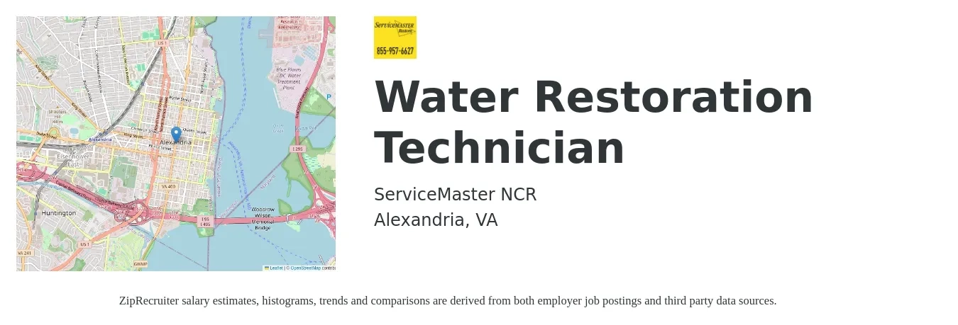 ServiceMaster NCR job posting for a Water Restoration Technician in Alexandria, VA with a salary of $70 Hourly with a map of Alexandria location.