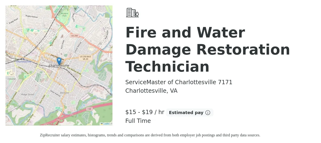 ServiceMaster of Charlottesville 7171 job posting for a Fire and Water Damage Restoration Technician in Charlottesville, VA with a salary of $16 to $20 Hourly with a map of Charlottesville location.