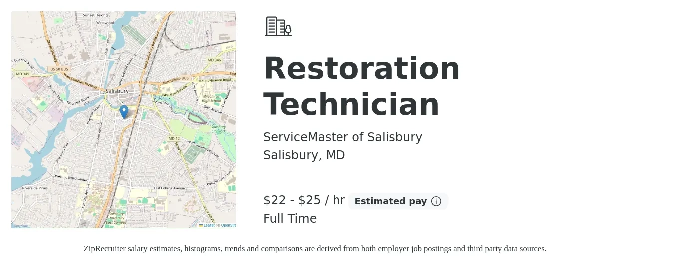 ServiceMaster of Salisbury job posting for a Restoration Technician in Salisbury, MD with a salary of $23 to $27 Hourly with a map of Salisbury location.