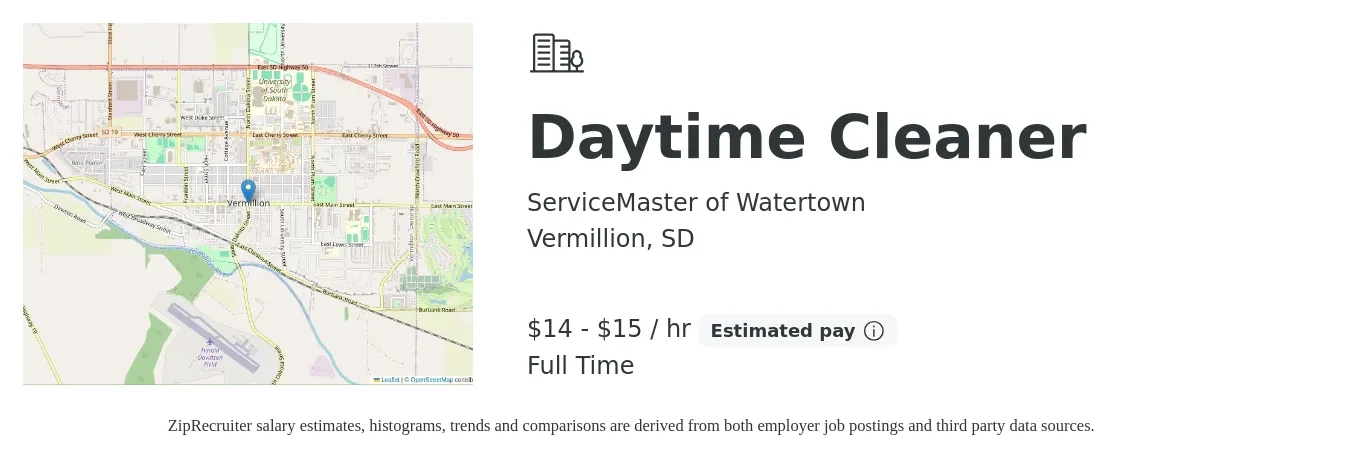 ServiceMaster of Watertown job posting for a Daytime Cleaner in Vermillion, SD with a salary of $15 to $16 Hourly with a map of Vermillion location.