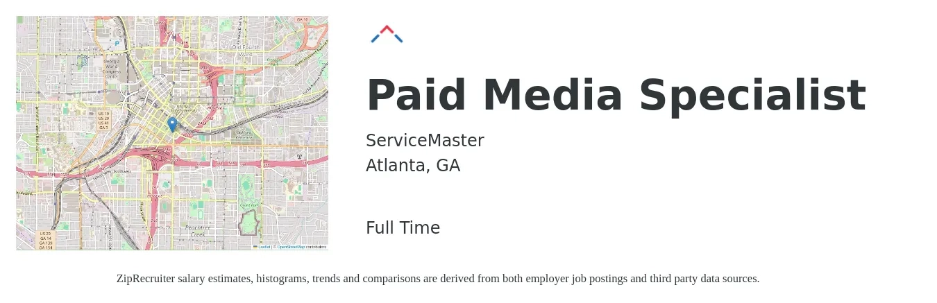 ServiceMaster job posting for a Paid Media Specialist in Atlanta, GA with a salary of $41,400 to $69,700 Yearly with a map of Atlanta location.