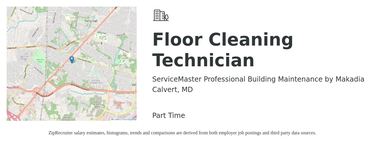 ServiceMaster Professional Building Maintenance by Makadia job posting for a Floor Cleaning Technician in Calvert, MD with a salary of $14 to $17 Hourly with a map of Calvert location.