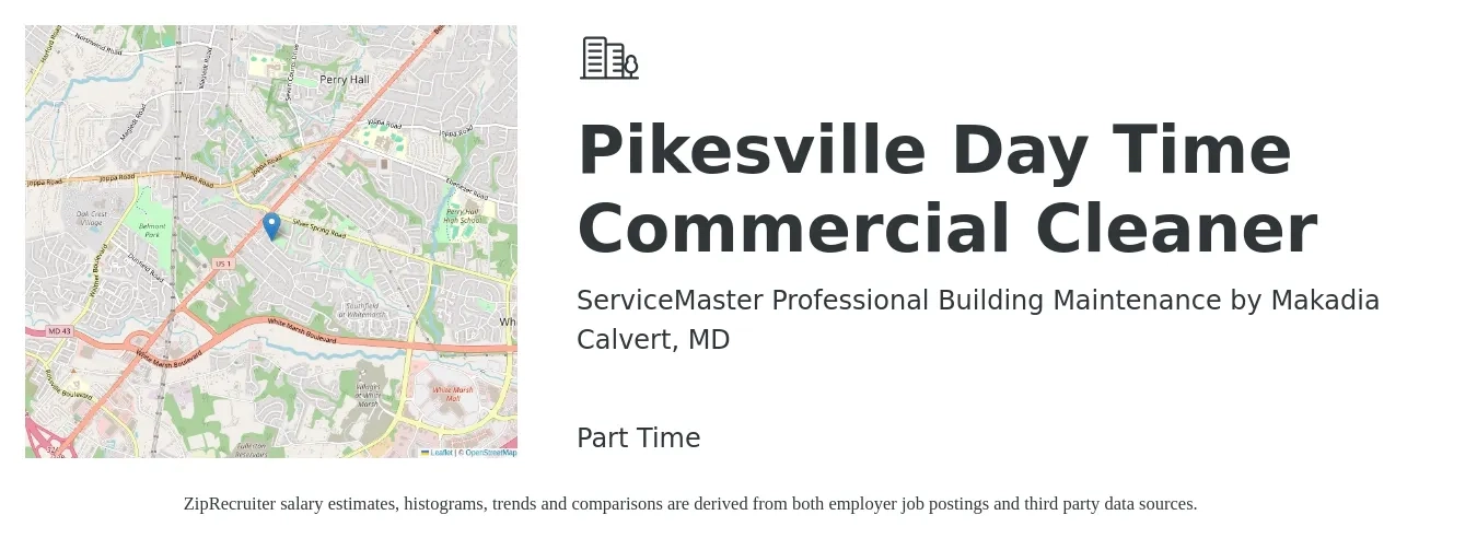 ServiceMaster Professional Building Maintenance by Makadia job posting for a Pikesville Day Time Commercial Cleaner in Calvert, MD with a salary of $13 to $16 Hourly with a map of Calvert location.