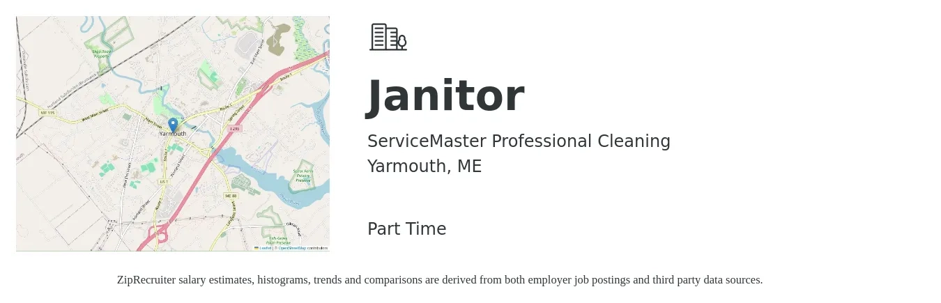 ServiceMaster Professional Cleaning job posting for a Janitor in Yarmouth, ME with a salary of $14 to $19 Hourly with a map of Yarmouth location.