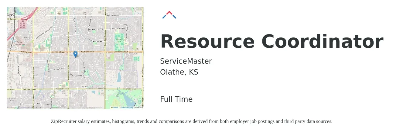 ServiceMaster job posting for a Resource Coordinator in Olathe, KS with a salary of $41,600 to $67,300 Yearly with a map of Olathe location.
