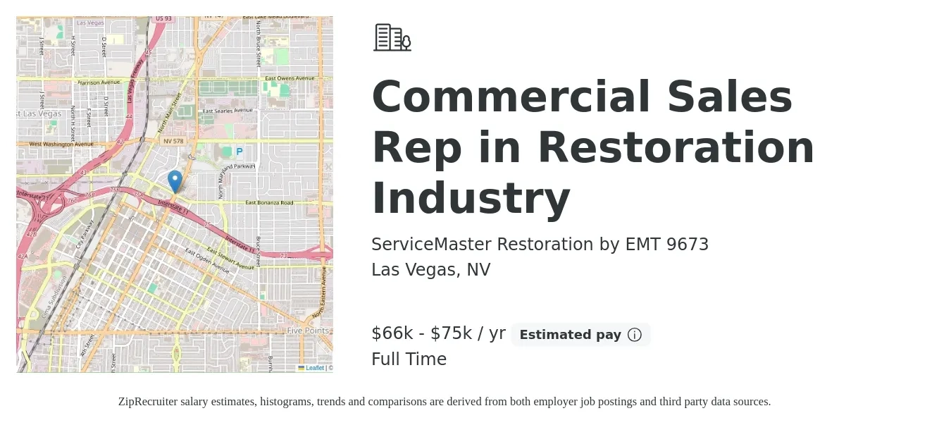 ServiceMaster Restoration by EMT 9673 job posting for a Commercial Sales Rep in Restoration Industry in Las Vegas, NV with a salary of $66,000 to $75,000 Yearly with a map of Las Vegas location.