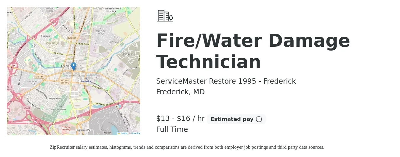 ServiceMaster Restore 1995 - Frederick job posting for a Fire/Water Damage Technician in Frederick, MD with a salary of $14 to $17 Hourly with a map of Frederick location.