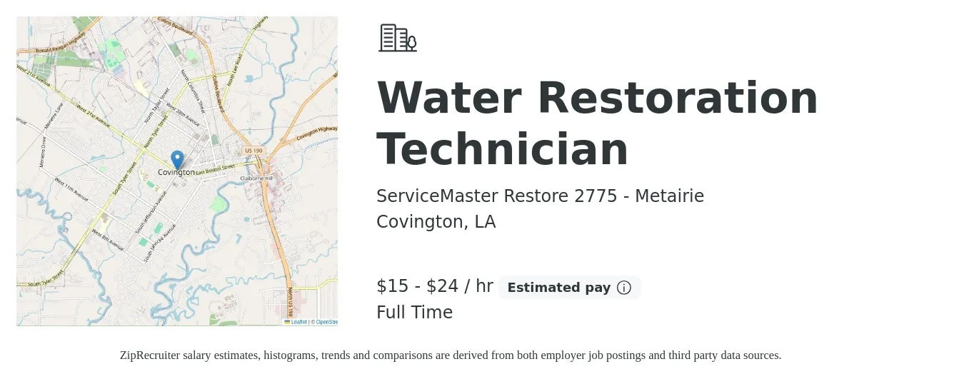 ServiceMaster Restore 2775 - Metairie job posting for a Water Restoration Technician in Covington, LA with a salary of $16 to $25 Hourly with a map of Covington location.
