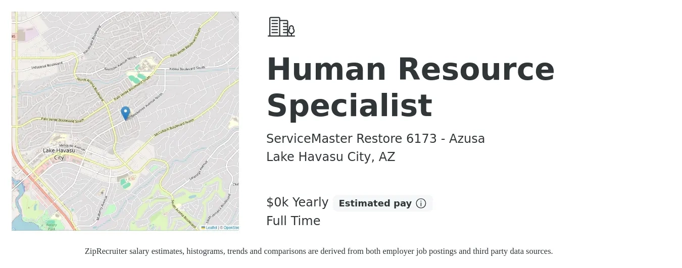 ServiceMaster Restore 6173 - Azusa job posting for a Human Resource Specialist in Lake Havasu City, AZ with a salary of $60 to $65 Yearly with a map of Lake Havasu City location.