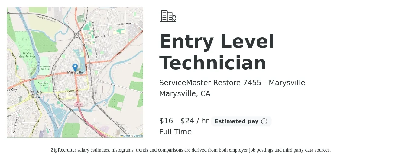 ServiceMaster Restore 7455 - Marysville job posting for a Entry Level Technician in Marysville, CA with a salary of $17 to $25 Hourly with a map of Marysville location.