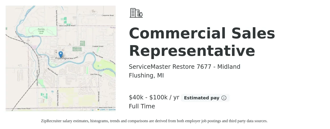 ServiceMaster Restore 7677 - Midland job posting for a Commercial Sales Representative in Flushing, MI with a salary of $40,000 to $100,000 Yearly with a map of Flushing location.