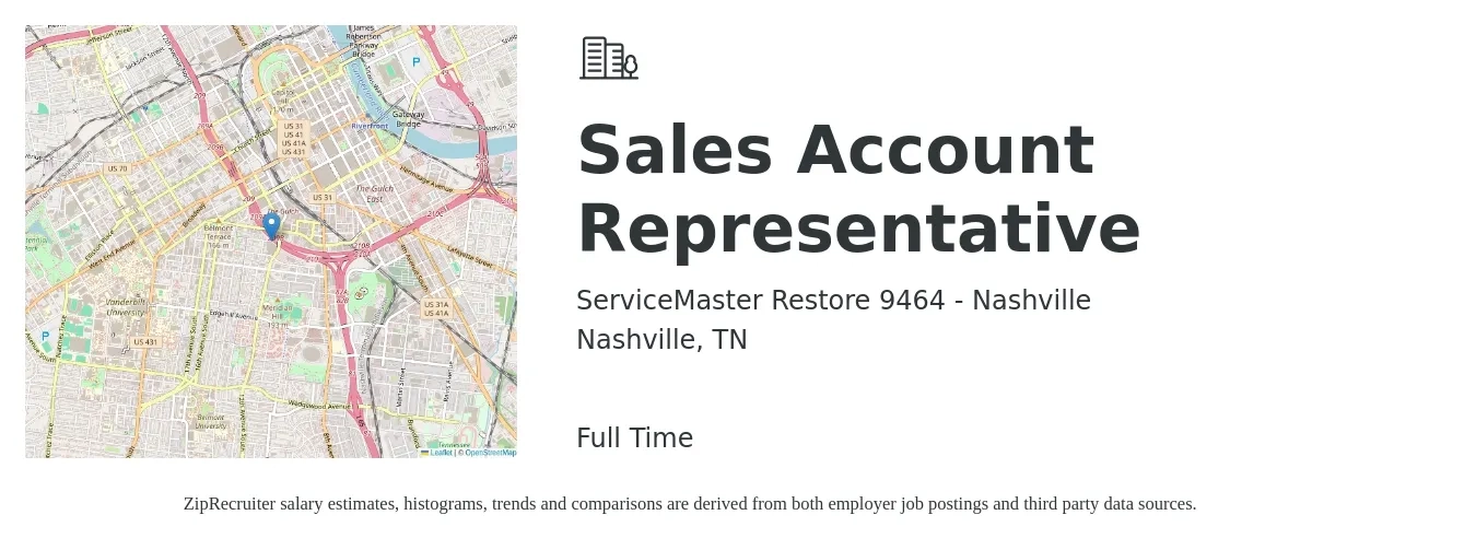 ServiceMaster Restore 9464 - Nashville job posting for a Sales Account Representative in Nashville, TN with a salary of $40,600 to $63,800 Yearly with a map of Nashville location.