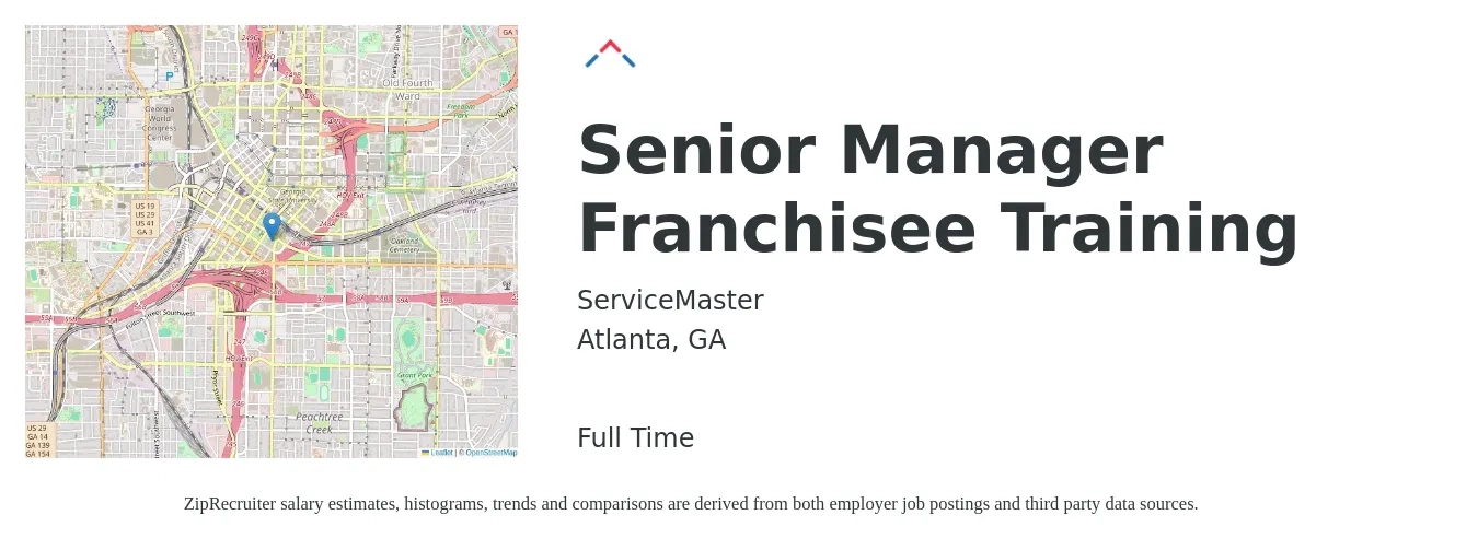 ServiceMaster job posting for a Senior Manager Franchisee Training in Atlanta, GA with a salary of $66,800 to $127,900 Yearly with a map of Atlanta location.