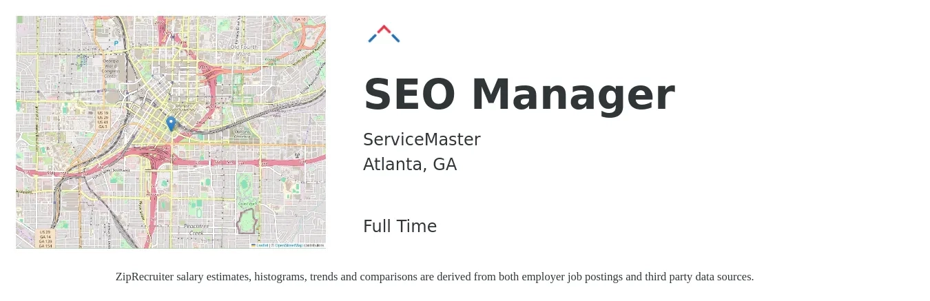 ServiceMaster job posting for a SEO Manager in Atlanta, GA with a salary of $67,300 to $93,800 Yearly with a map of Atlanta location.