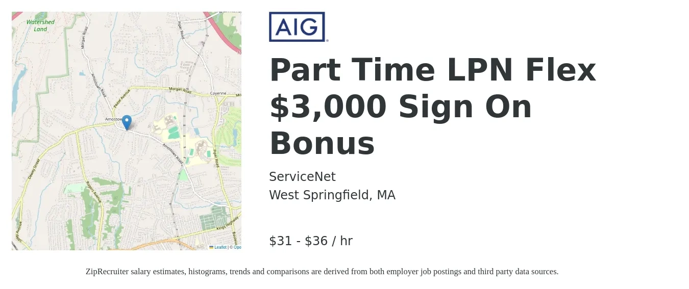 ServiceNet job posting for a Part Time LPN Flex $3,000 Sign On Bonus in West Springfield, MA with a salary of $33 to $38 Hourly with a map of West Springfield location.