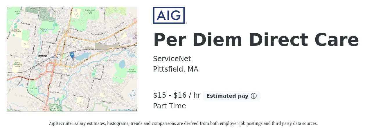 ServiceNet job posting for a Per Diem Direct Care in Pittsfield, MA with a salary of $16 to $18 Hourly with a map of Pittsfield location.