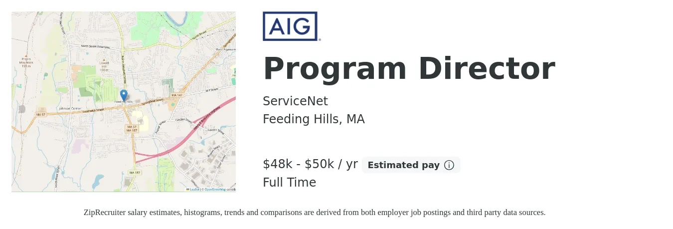 ServiceNet job posting for a Program Director in Feeding Hills, MA with a salary of $48,620 to $50,620 Yearly with a map of Feeding Hills location.