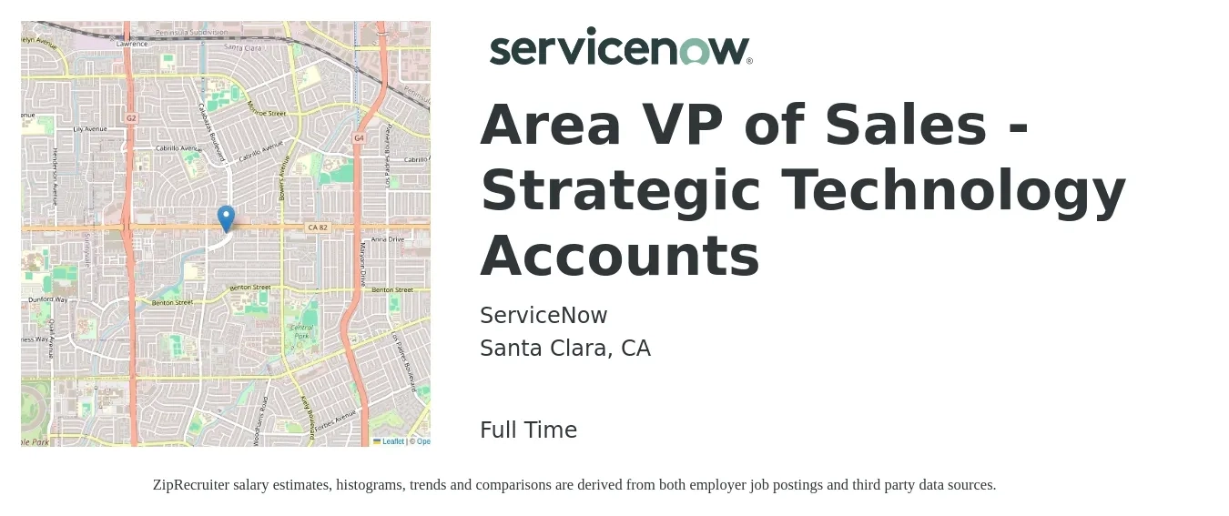 ServiceNow job posting for a Area VP of Sales - Strategic Technology Accounts in Santa Clara, CA with a salary of $185,450 to $305,950 Yearly with a map of Santa Clara location.