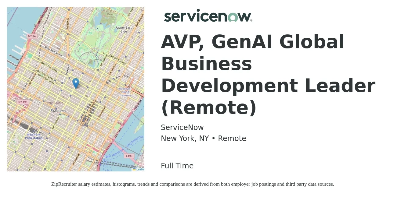ServiceNow job posting for a AVP, GenAI Global Business Development Leader (Remote) in New York, NY with a salary of $71,600 to $162,400 Yearly with a map of New York location.