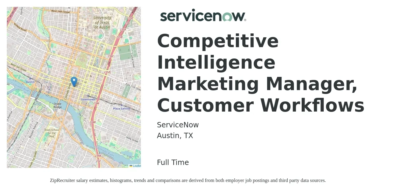 ServiceNow job posting for a Competitive Intelligence Marketing Manager, Customer Workflows in Austin, TX with a salary of $40,600 to $69,400 Yearly with a map of Austin location.