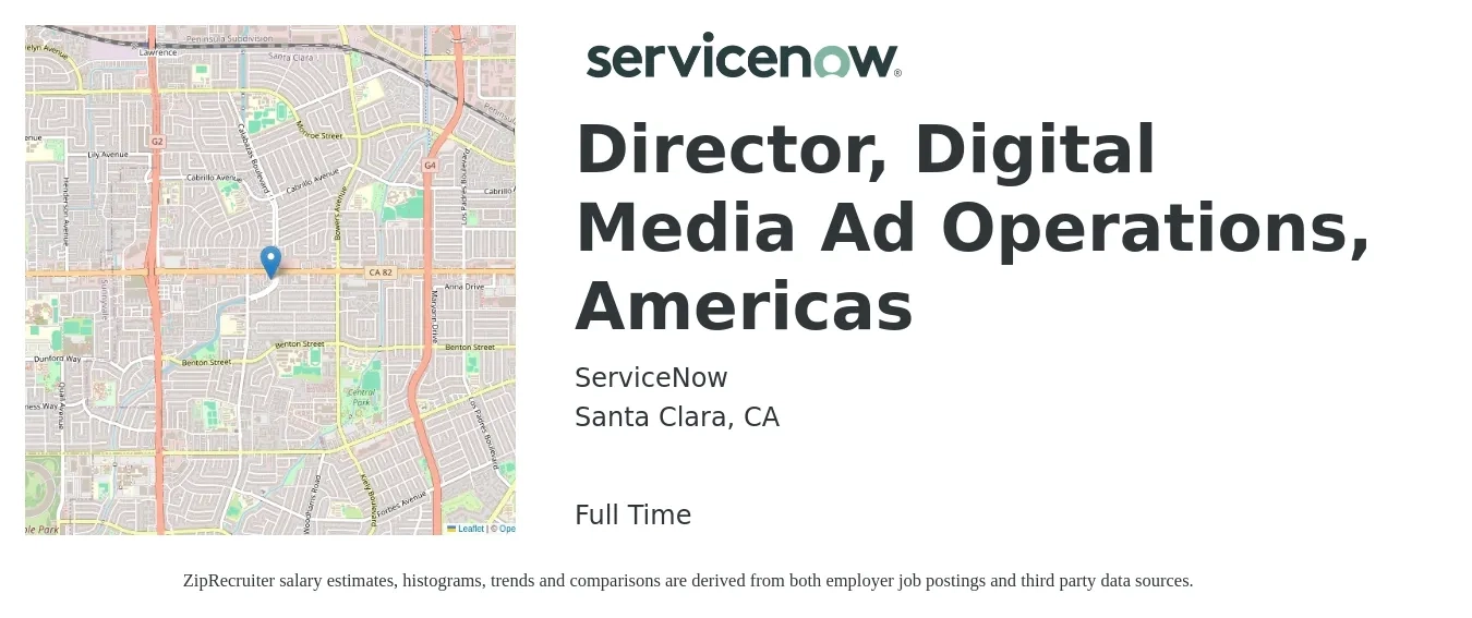 ServiceNow job posting for a Director, Digital Media Ad Operations, Americas in Santa Clara, CA with a map of Santa Clara location.