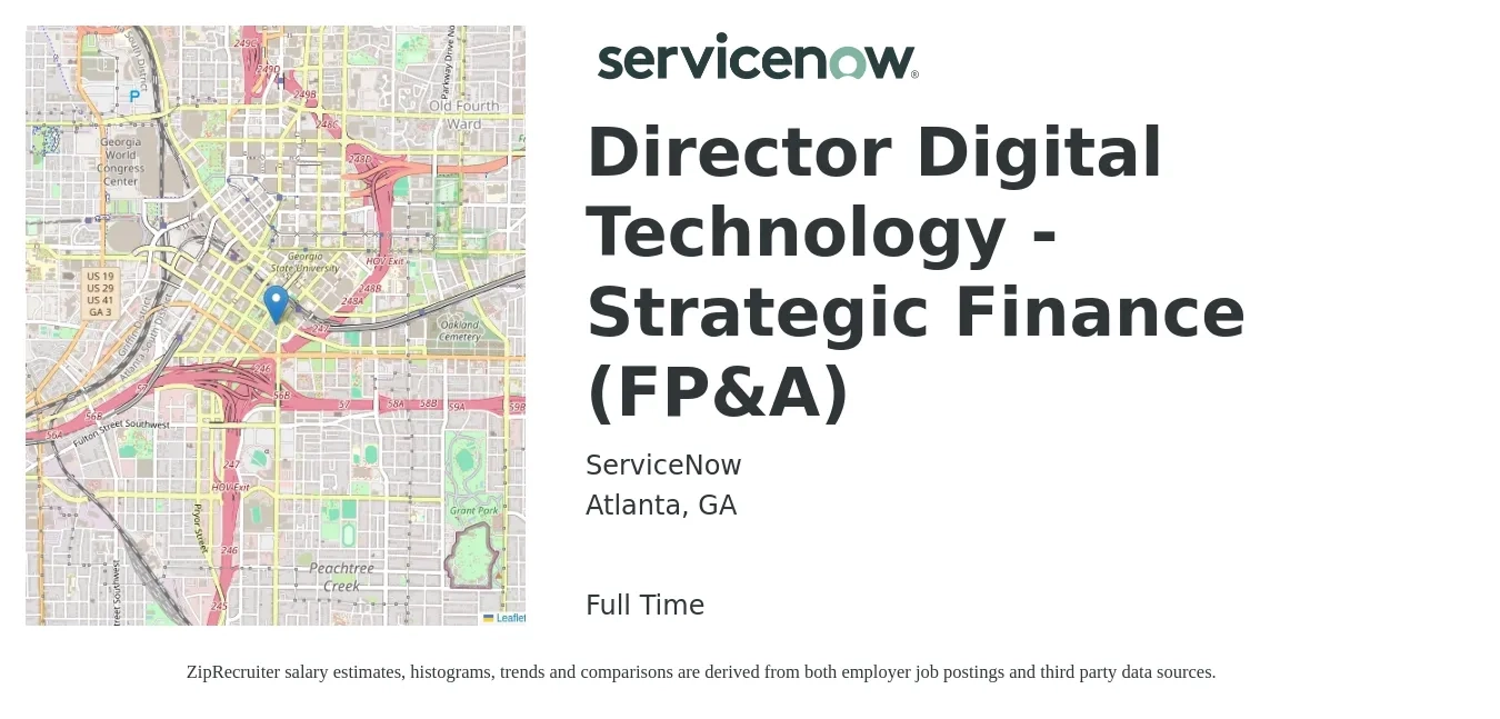 ServiceNow job posting for a Director Digital Technology - Strategic Finance (FP&A) in Atlanta, GA with a salary of $118,300 to $168,300 Yearly with a map of Atlanta location.