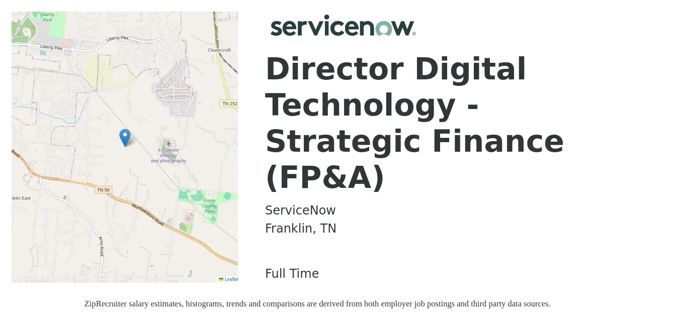 ServiceNow job posting for a Director Digital Technology - Strategic Finance (FP&A) in Franklin, TN with a salary of $118,600 to $168,800 Yearly with a map of Franklin location.