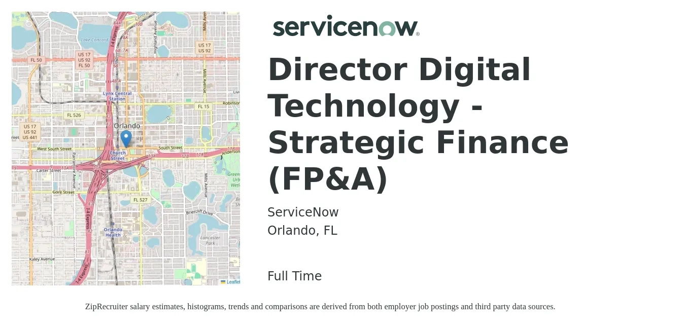 ServiceNow job posting for a Director Digital Technology - Strategic Finance (FP&A) in Orlando, FL with a salary of $107,000 to $152,300 Yearly with a map of Orlando location.