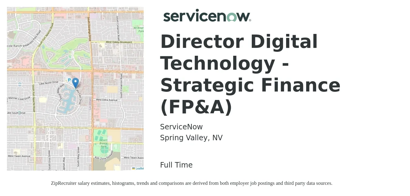 ServiceNow job posting for a Director Digital Technology - Strategic Finance (FP&A) in Spring Valley, NV with a salary of $117,800 to $167,500 Yearly with a map of Spring Valley location.