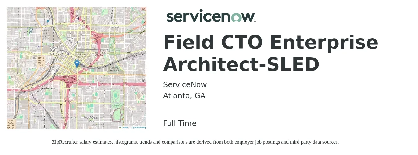 ServiceNow job posting for a Field CTO Enterprise Architect-SLED in Atlanta, GA with a salary of $66 to $86 Hourly with a map of Atlanta location.