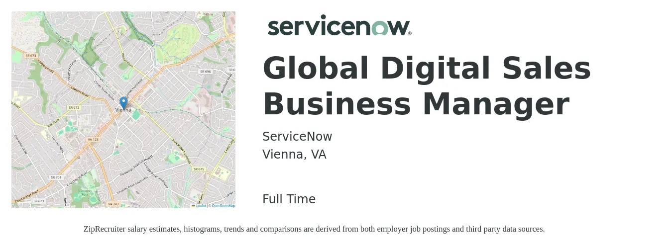 ServiceNow job posting for a Global Digital Sales Business Manager in Vienna, VA with a salary of $63,700 to $103,400 Yearly with a map of Vienna location.