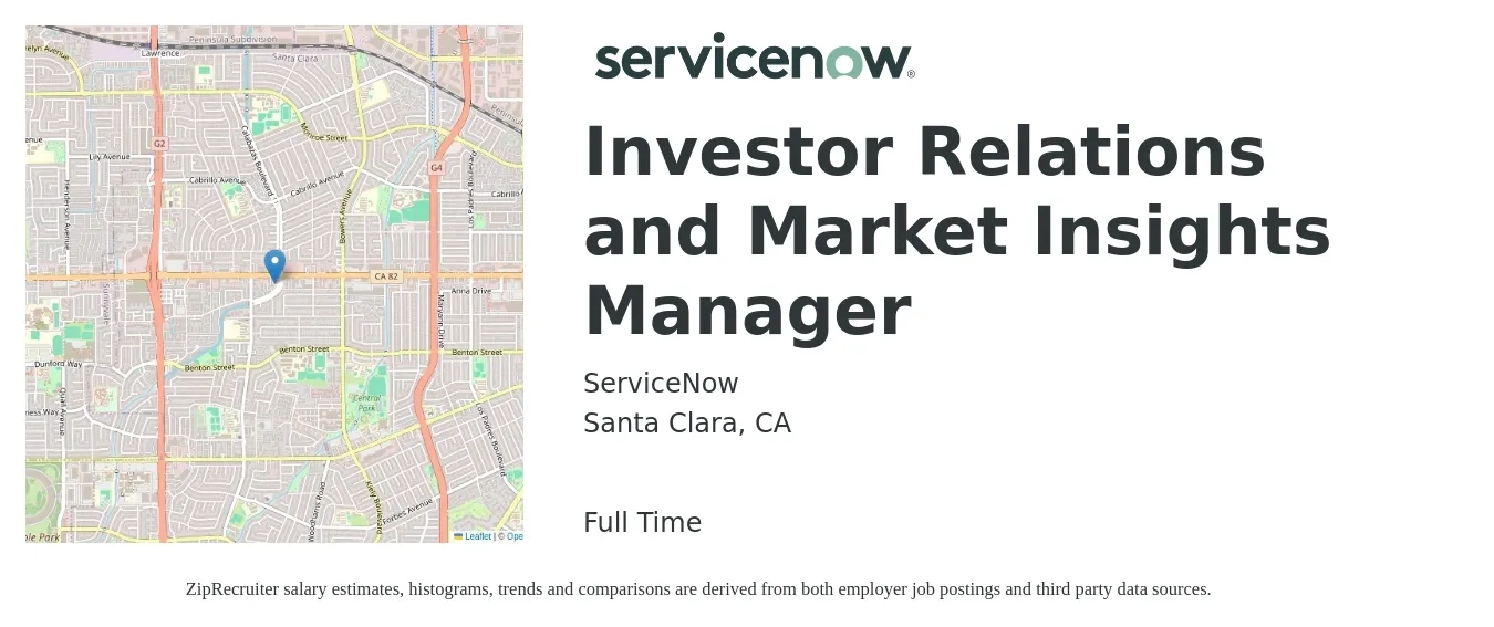 ServiceNow job posting for a Investor Relations and Market Insights Manager in Santa Clara, CA with a salary of $129,500 Yearly with a map of Santa Clara location.