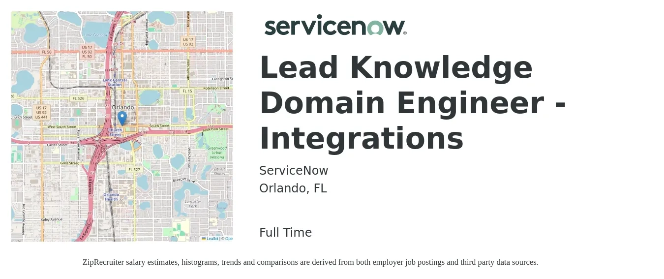 ServiceNow job posting for a Lead Knowledge Domain Engineer - Integrations in Orlando, FL with a salary of $89,200 to $117,500 Yearly with a map of Orlando location.