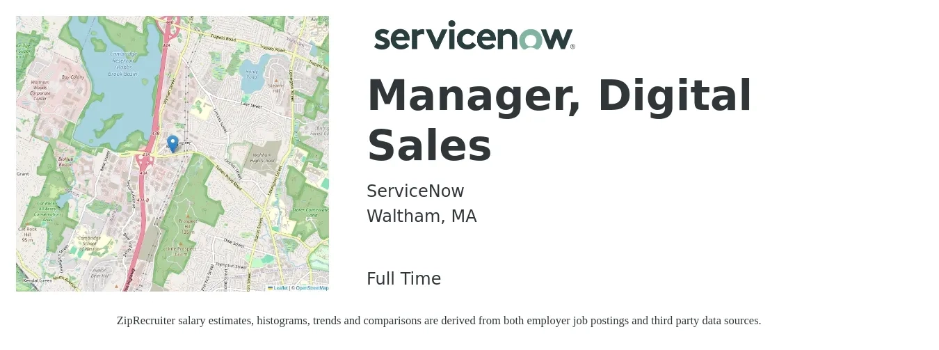 ServiceNow job posting for a Manager, Digital Sales in Waltham, MA with a salary of $69,200 to $112,200 Yearly with a map of Waltham location.