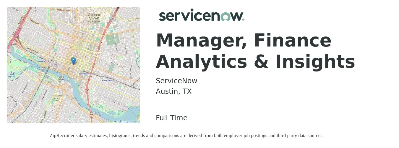 ServiceNow job posting for a Manager, Finance Analytics & Insights in Austin, TX with a salary of $104,600 to $137,300 Yearly with a map of Austin location.